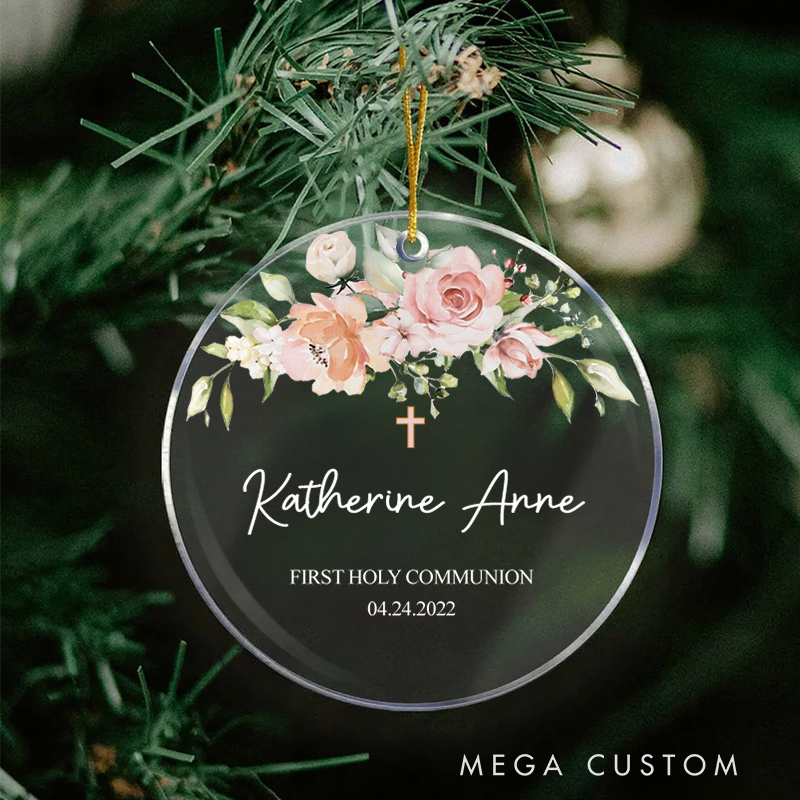 Personalized Wreath Acrylic Circle Ornament with Name Date Christening First Communion Gift for Christian Confirmation Gift
