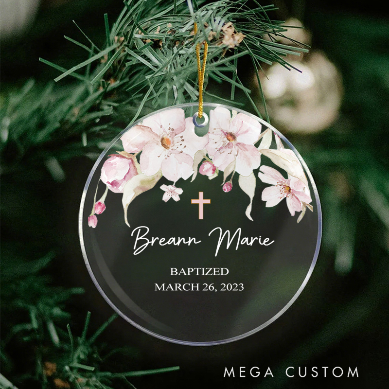 Personalized Cross Wreath Acrylic Circle Ornament with Name Date Christening First Communion Gift for Christian Confirmation Gift