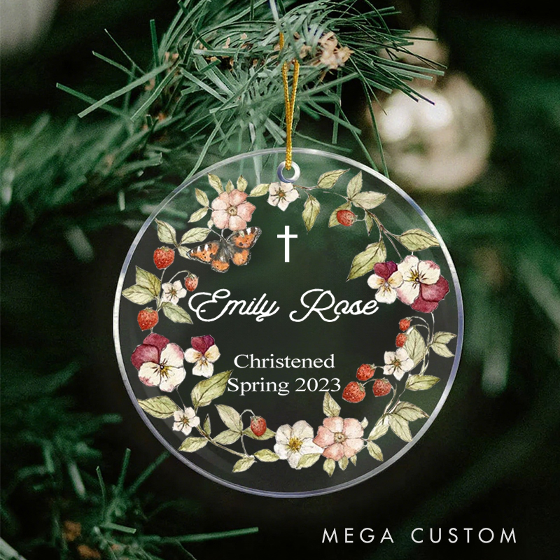 Personalized Cross Floral Wreath Acrylic Circle Ornament with Name Date Christening First Communion Gift for Christian Confirmation Gift