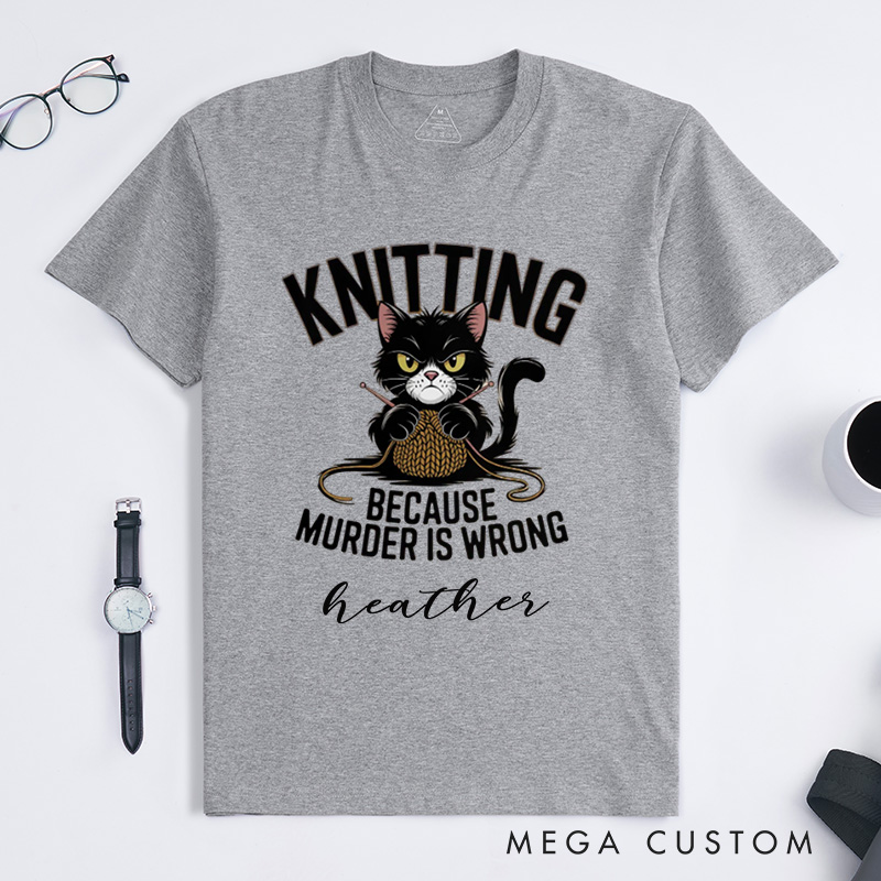 Personalized Funny Cat Knitting Classic T-Shirts Humorous Knitter Enthusiast Tee Knit T-Shirt Custom Gift 