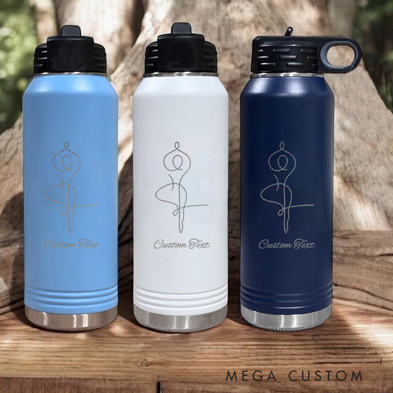 Personalized Yoga Water Bottles with Elegant Yoga Line Art Design Custom Text Perfect Gift for Yoga Lover