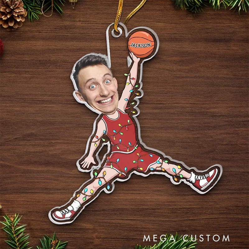 Personalized Acrylic Basketball Player Christmas Ornament with Custom Face and Name Design