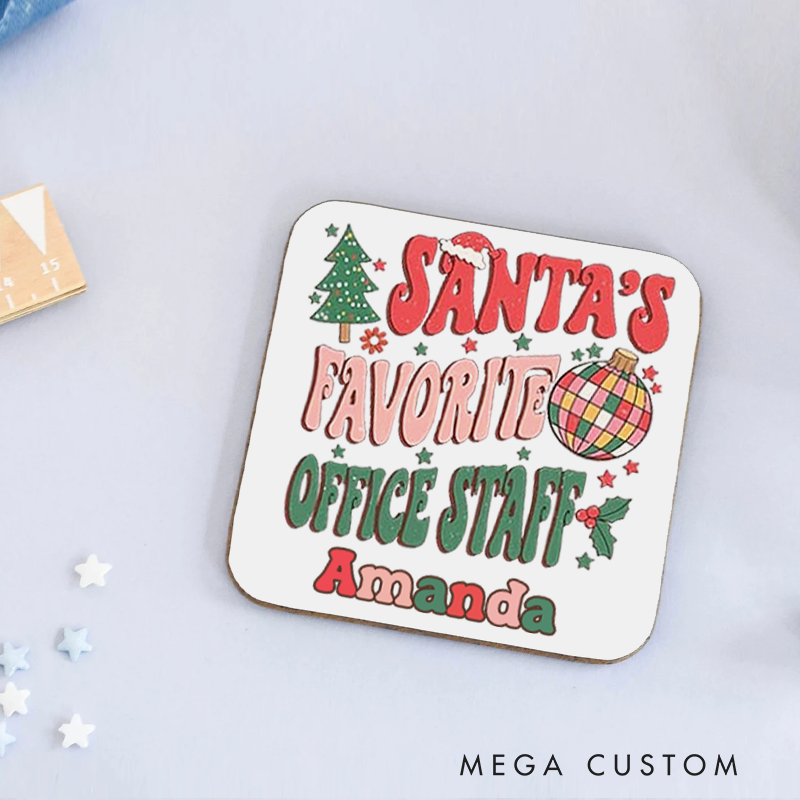 Personalized Coasters for Office Worker Santa's Favorite Office Staff with Christmas Trees Stars and Santa Hat Appreciation Gift for Coworkers