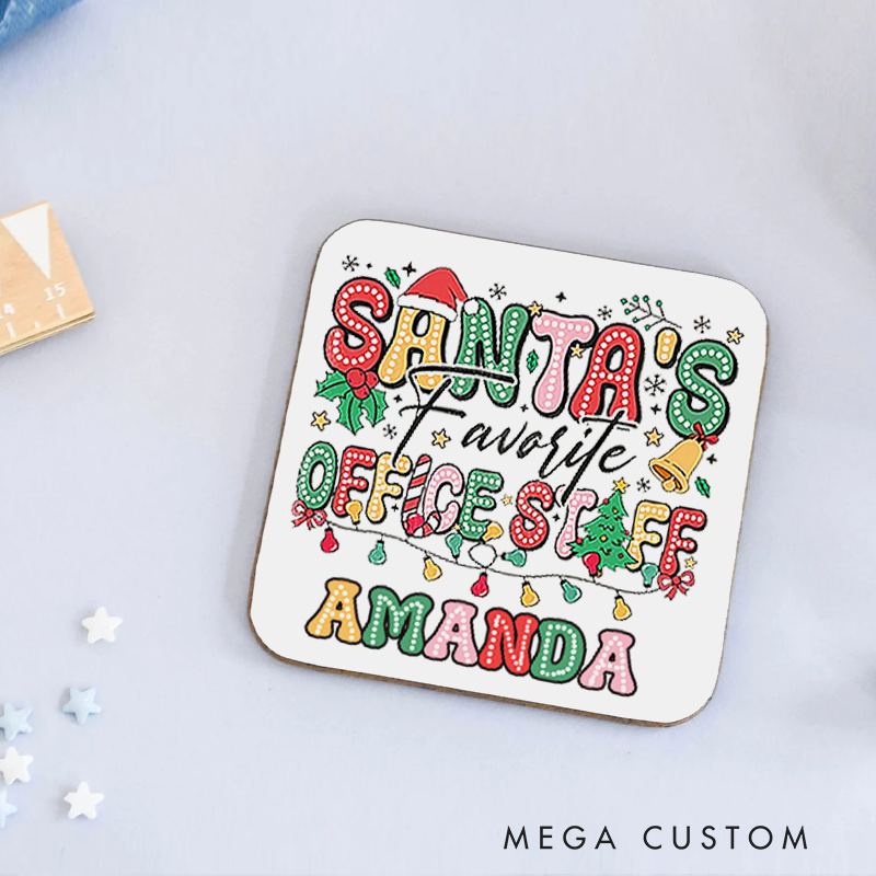 Personalized Coasters for Office Worker Santa's Office Staff with Christmas Elements Appreciation Gift for Coworkers
