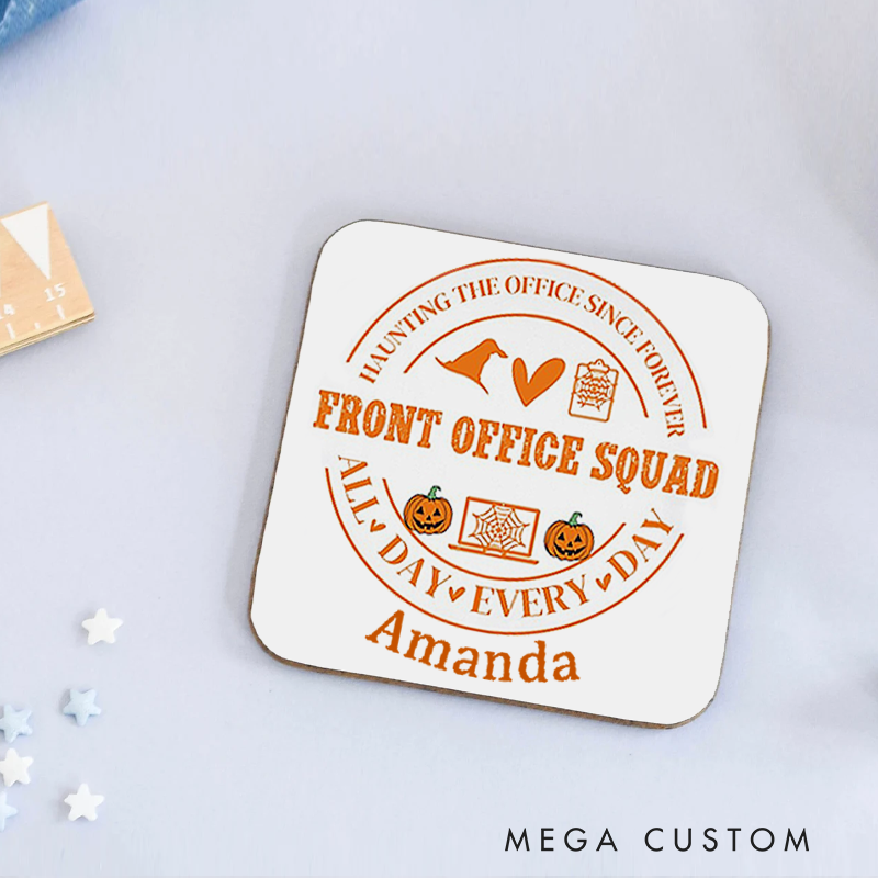 Personalized Coasters for Office Worker Front Office Squad with Halloween Elements Appreciation Gift for Coworkers