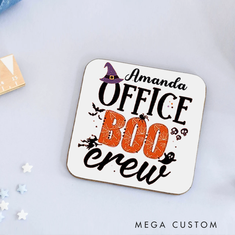 Personalized Coasters for Office Worker Office Boo Crew with Bats Spiderweb and Spider Halloween Elements Appreciation Gift for Coworkers