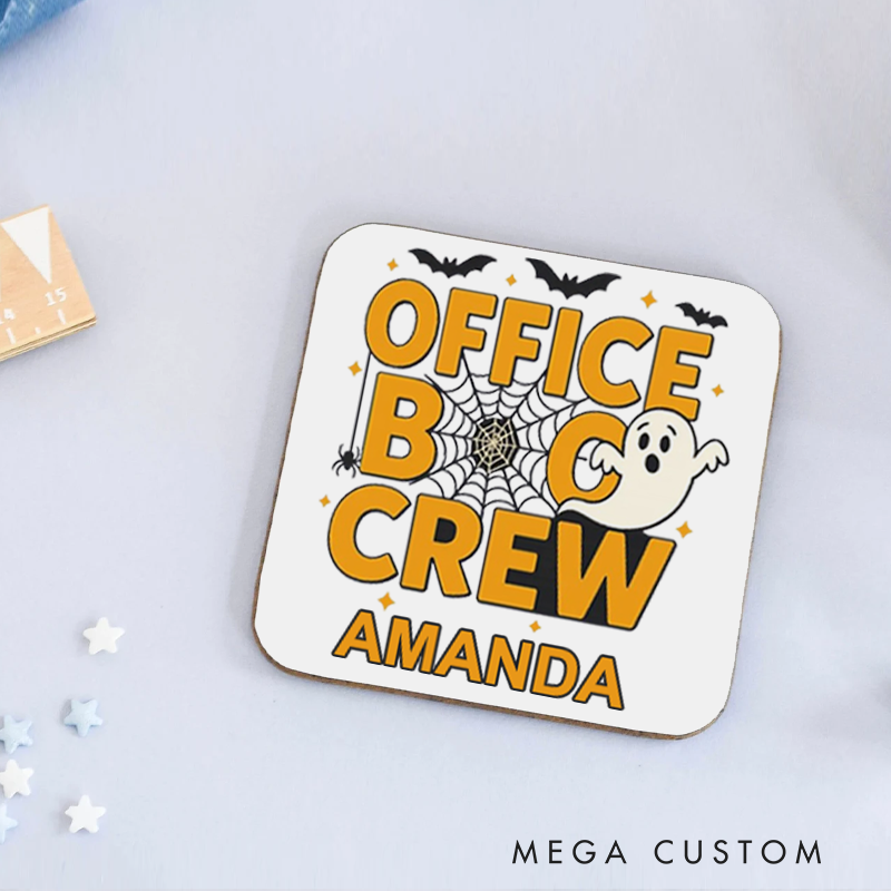 Personalized Coasters for Office Worker Office Boo Crew with Bats Spiderweb Spider and Small Stars Halloween Elements Appreciation Gift for Coworkers