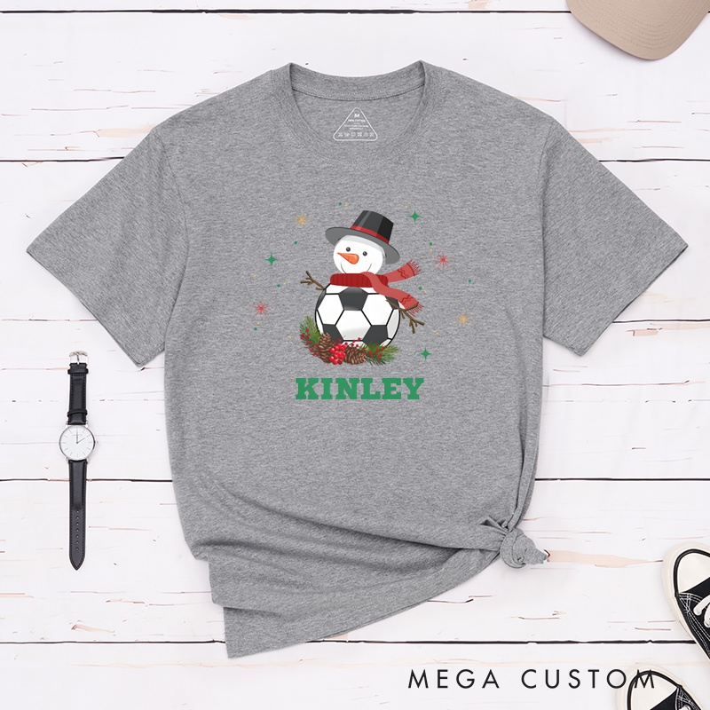 ersonalized Snowman Soccer T-Shirt with Custom Name Design for Christmas