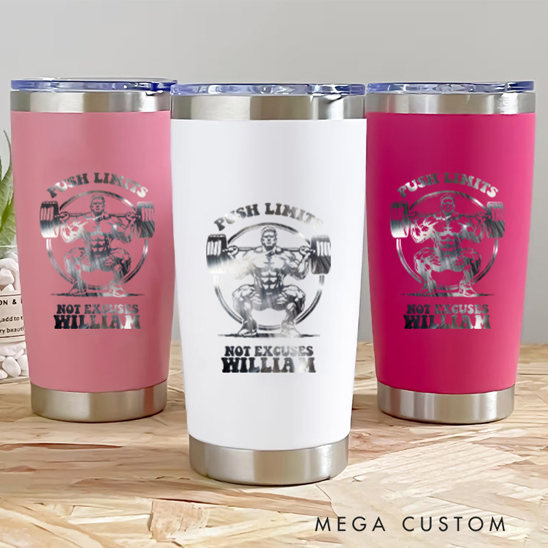 Personalized Fitness Tumbler Coffee Stainless Steel Tumbler with Push Limits No Excuses Weightlifting Design for Fitness Enthusiasts Bodybuilders and Gym Lovers