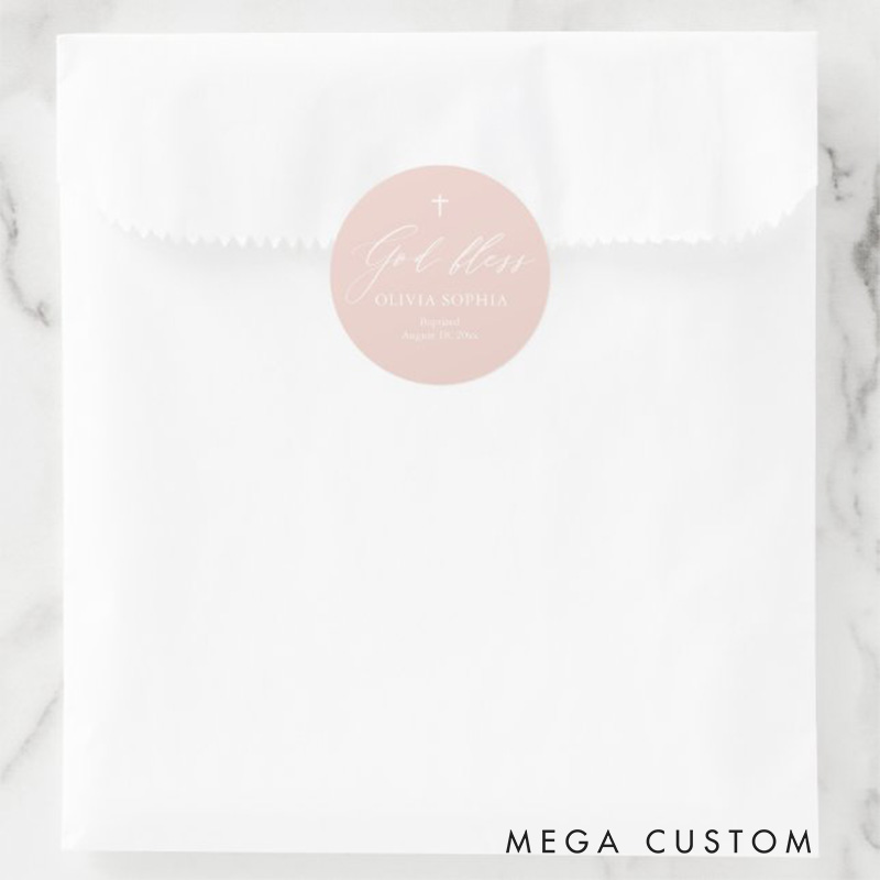 Personalized God Bless Dusty Pink White Cross Girl Religious Baptism Classic Round Sticker with Name and Date Religious Gift Baptism Gift