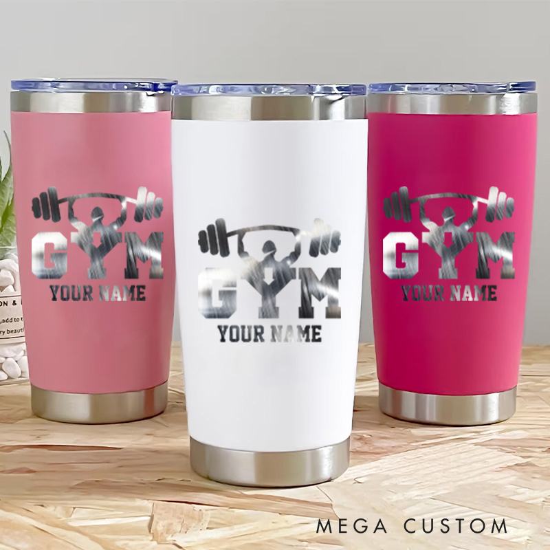 Personalized Fitness Tumbler Coffee Stainless Steel Tumbler with GYM Logo with Barbell Artwork for Fitness Enthusiasts Bodybuilders and Gym Lovers