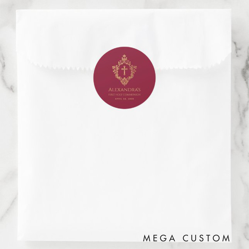 Personalized Girl First Communion Burgundy Gold Crest Religious Classic Round Sticker with Name and Date Religious Gift First Communion Gift