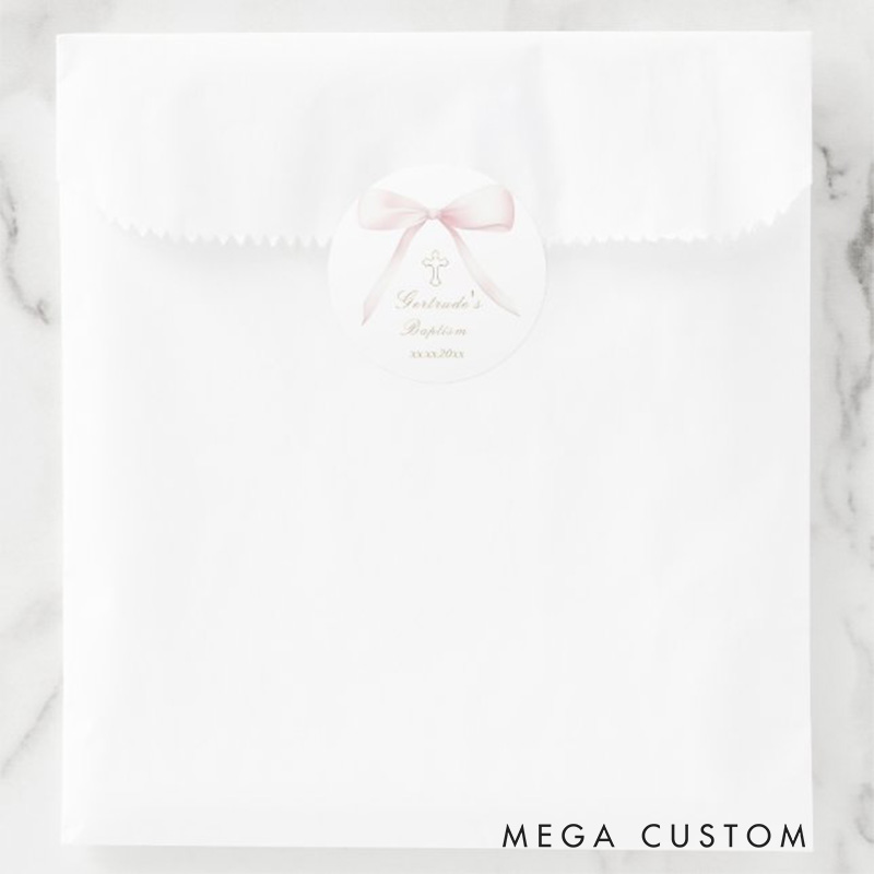 Personalized Baptism Pink Bow Girl Classic Round Sticker with Name and Date Religious Gift Baptism Gift