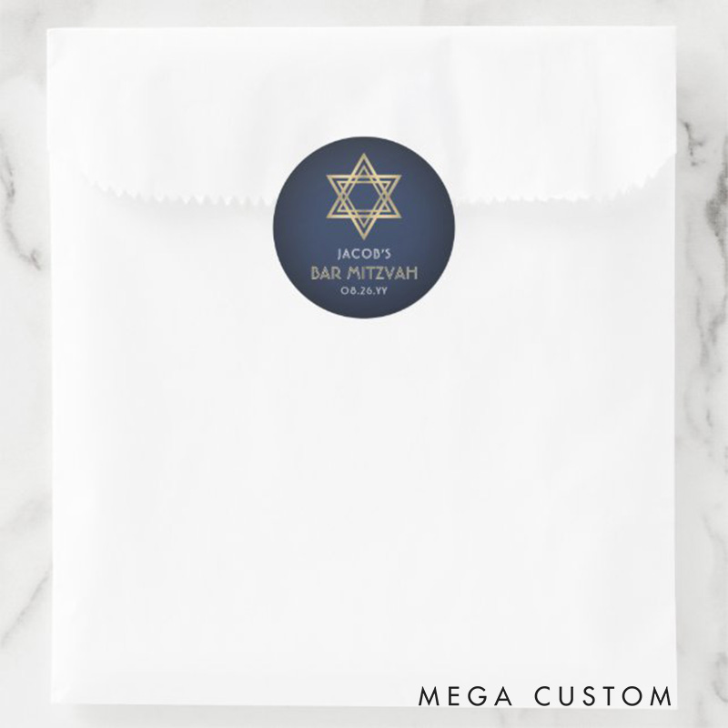 Personalized Bar Mitzvah Navy Blue White & Gold Star of David Classic Round Sticker with Name and Date Religious Gift Bar Mitzvah Gift