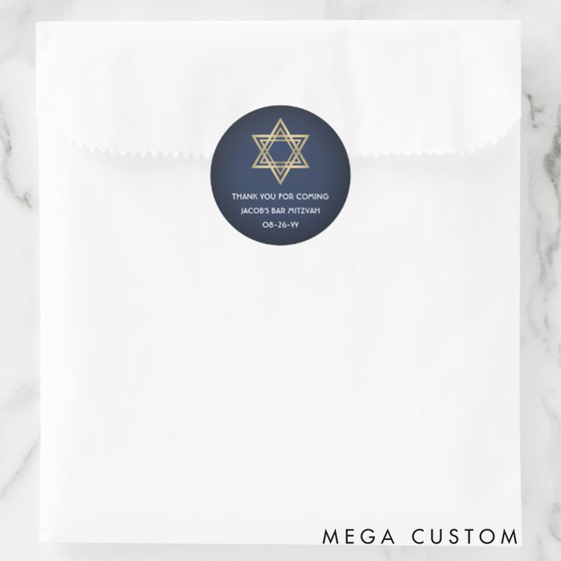 Personalized Bar Mitzvah Elegant Star of David Navy Blue & Gold Classic Round Sticker with Name and Date Religious Gift Bar Mitzvah Gift