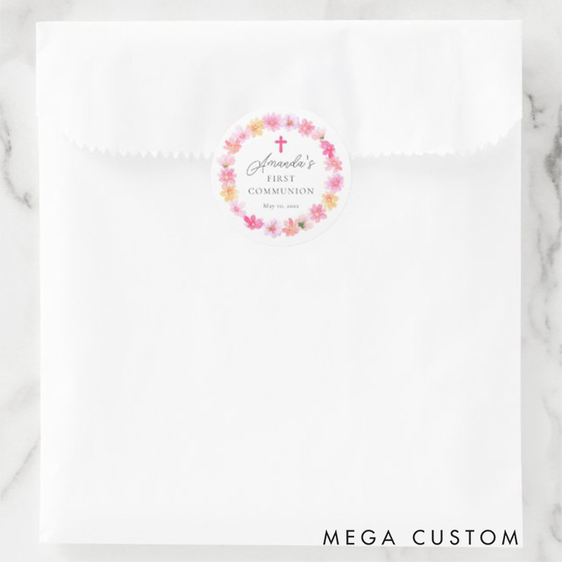 Personalized Delicate Petals Pink Cross Classic Round Sticker with Name and Date Religious Gift First Holy Communion Gift