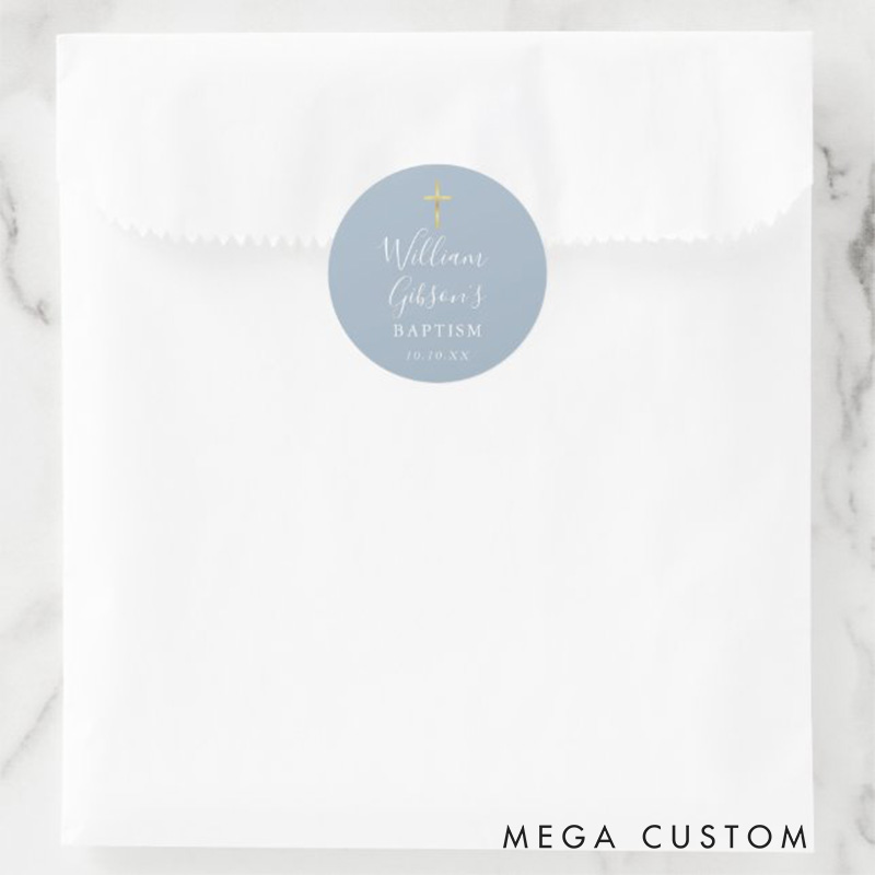 Personalized Gold Cross Baptism Christening Dusty Blue Classic Round Sticker with Name and Date Religious Gift Baptism & Christening Gift