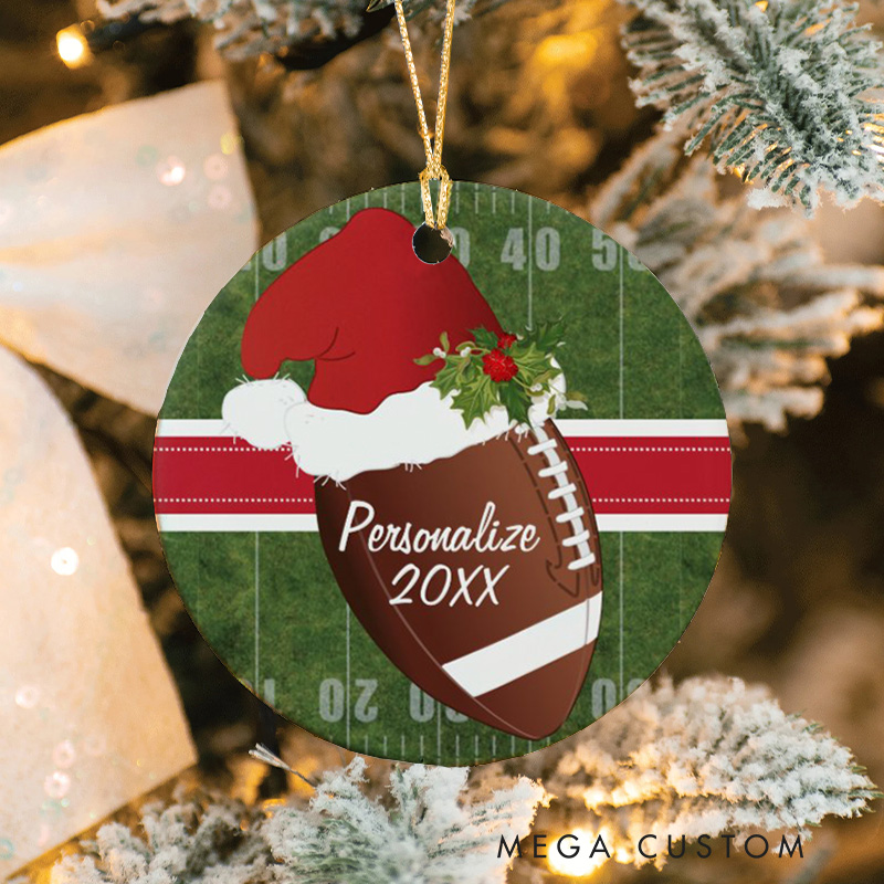 Personalized American Football and Rugby Santa Hat Design Christmas Ornament with Custom Name and Year