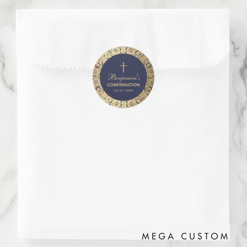 Personalized Boy Confirmation Vintage Gold Roses Navy Blue Classic Round Sticker with Name and Date Religious Gift Confirmation Gift