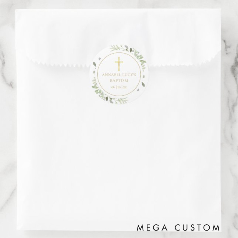 Personalized Watercolor Greenery Gold Cross Baptism Christening Classic Round Sticker with Name and Date Religious Gift Baptism & Christening Gift