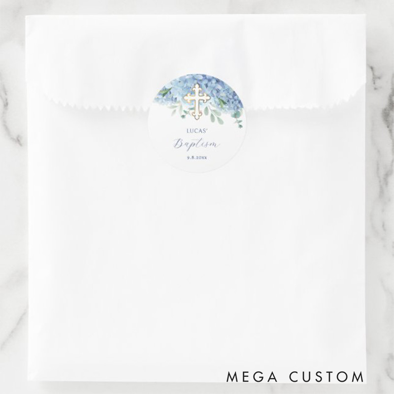 Personalized Blue Hydrangea Gold Cross Baptism Sticker with Name and Date Religious Gift Baptism & Christening Gift
