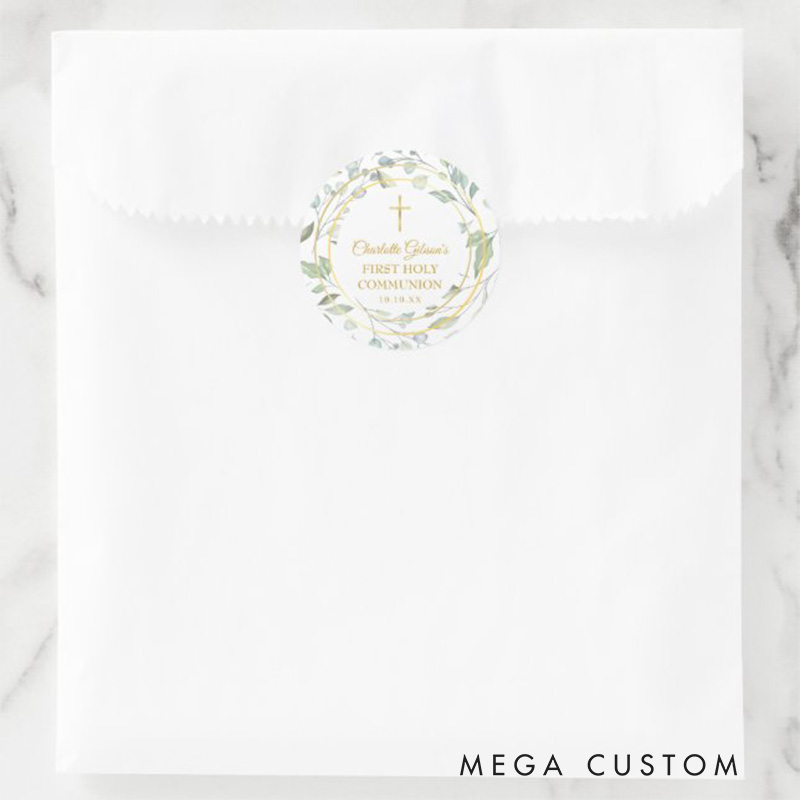 Personalized Laurel Garland Faux Gold Foil First Holy Communion Classic Round Sticker with Name and Date Religious Gift First Communion Gift