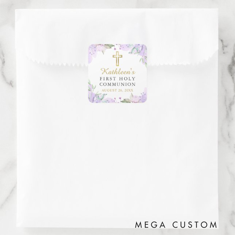 Personalized Watercolor Purple Floral Gold Cross First Holy Communion Square Sticker with Name and Date Religious Gift First Communion Gift