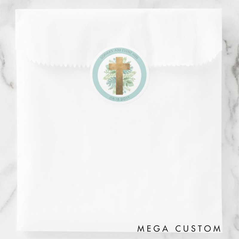 Personalized Religious Event Greenery Cross Envelope Seal Favor Classic Round Sticker with Name and Date Religious Gift