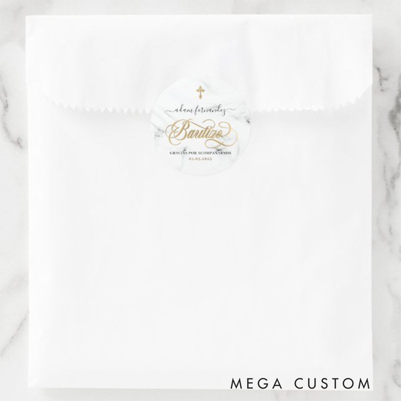 Personalized Spanish De Bautizo Gracias Gold Classic Round Sticker with Name and Date Religious Gift