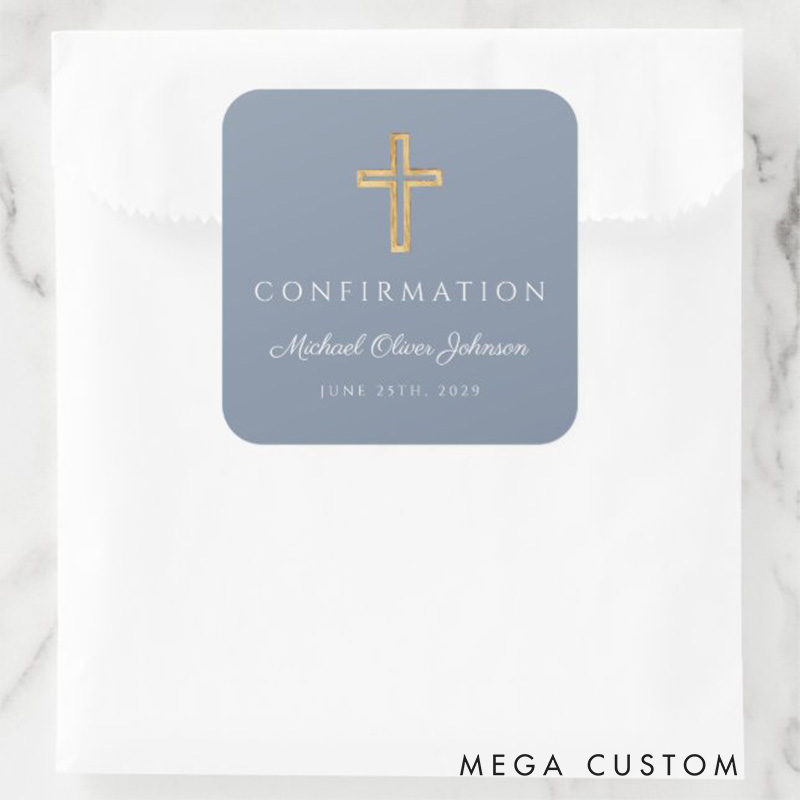 Personalized Modern Dusty Blue Religious Cross Boy Confirmation Square Sticker with Name and Date Religious Gift Confirmation Gift