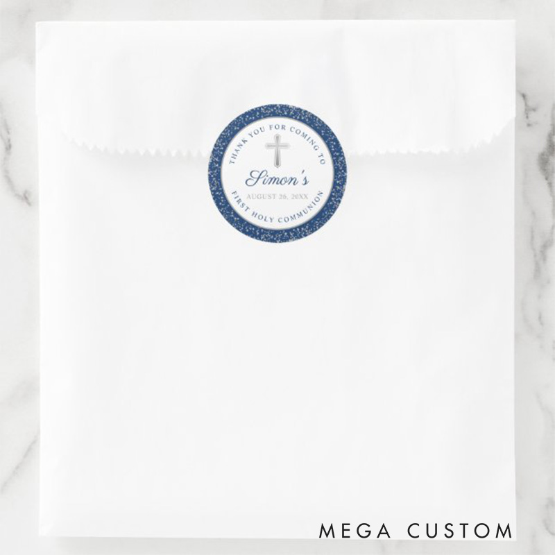 Personalized Silver Glitter Cross Navy Blue First Holy Communion Classic Round Sticker with Name and Date Religious Gift First Communion Gift