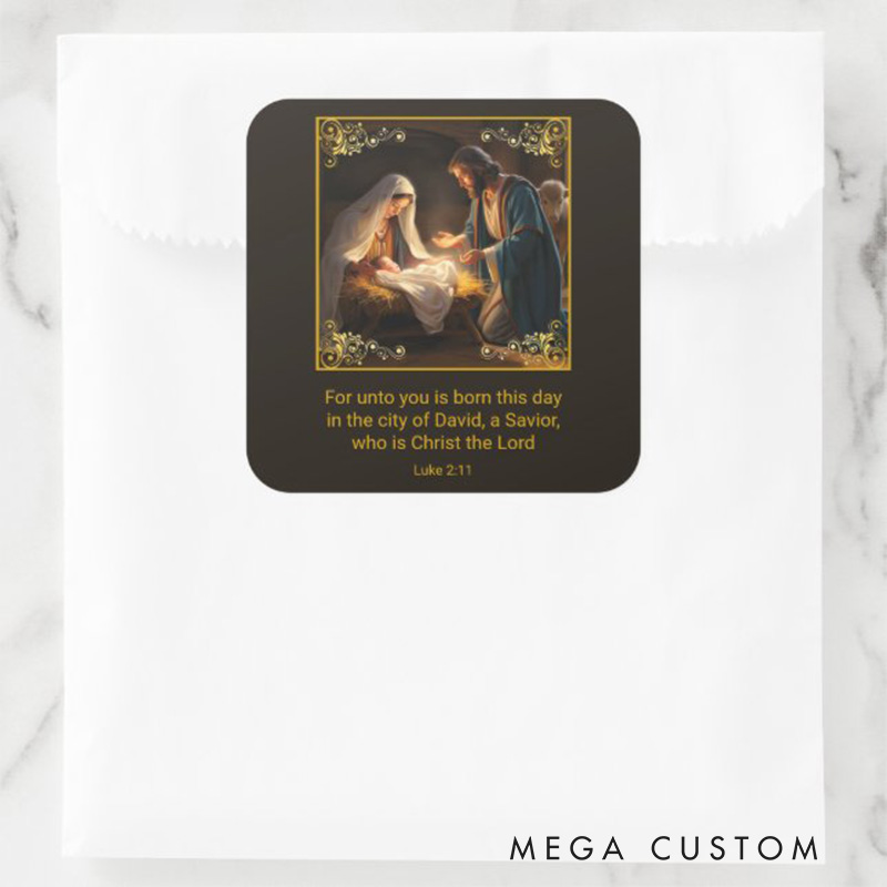Personalized Christmas Nativity Holy Family Religious Square Sticker with Bible Verse Luke 2:1 Religious Gift Christmas Gift