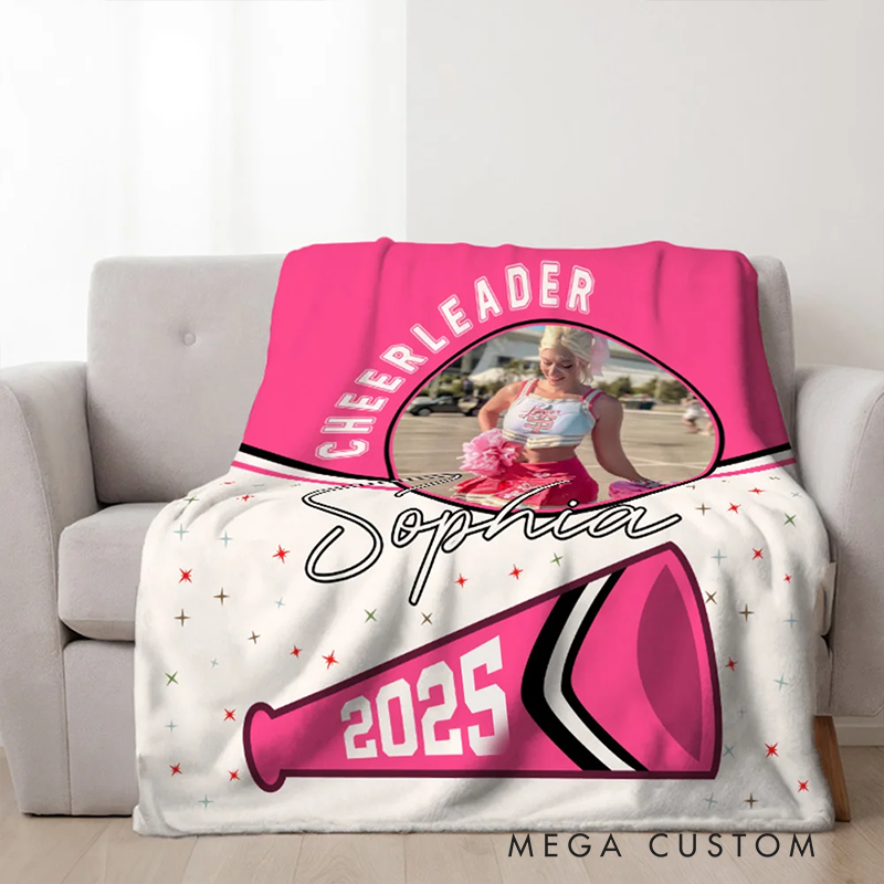 Personalized Cheerleader Blanket with Custom Name, Photo, and Year Design