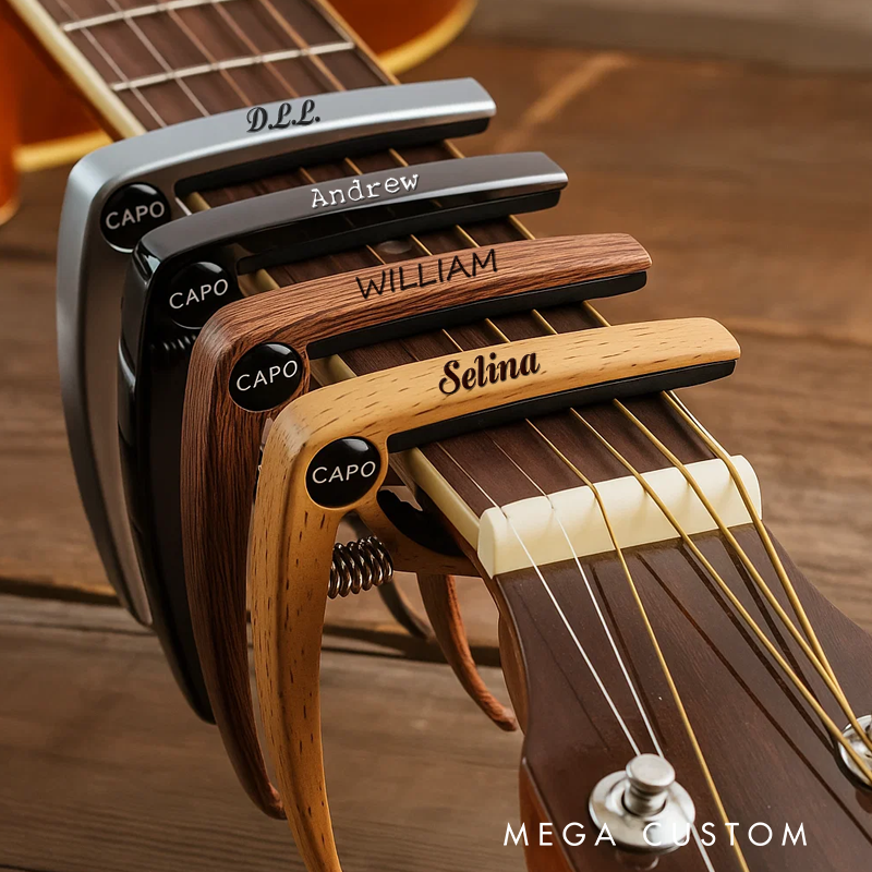 Personalized Metal Guitar Capo Engraved With Name and Music Gift and Custom Capo With Wood Grain
