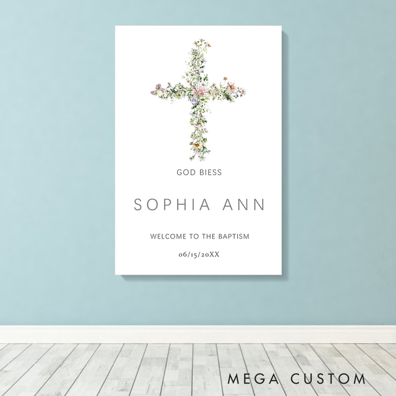 Personalized God Bless Floral Cross Frameless Canvas Painting with Name Religious Wall Art Baptism Gift for Girls