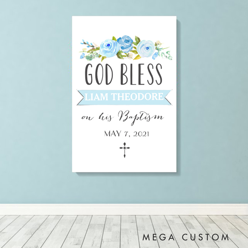 Personalized Blue Rose God Bless Frameless Canvas Painting with Name Religious Wall Art Baptism Gift for Boys