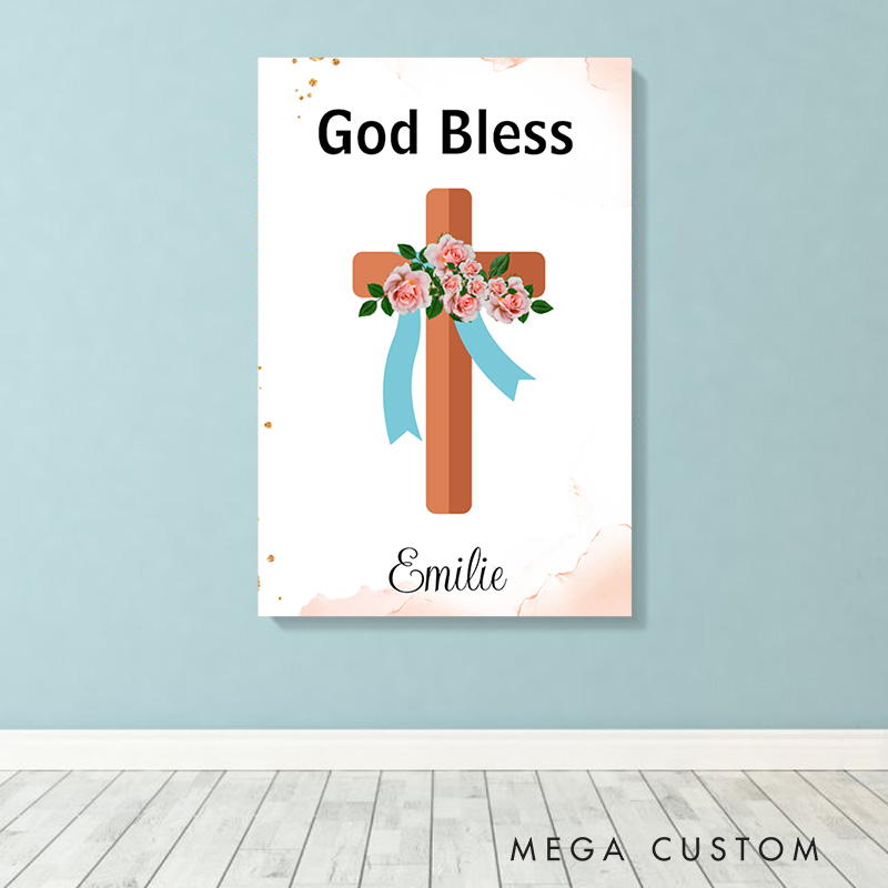 Personalized God Bless Cross Frameless Canvas Painting with Name Religious Wall Art Birthday Gift for Girls