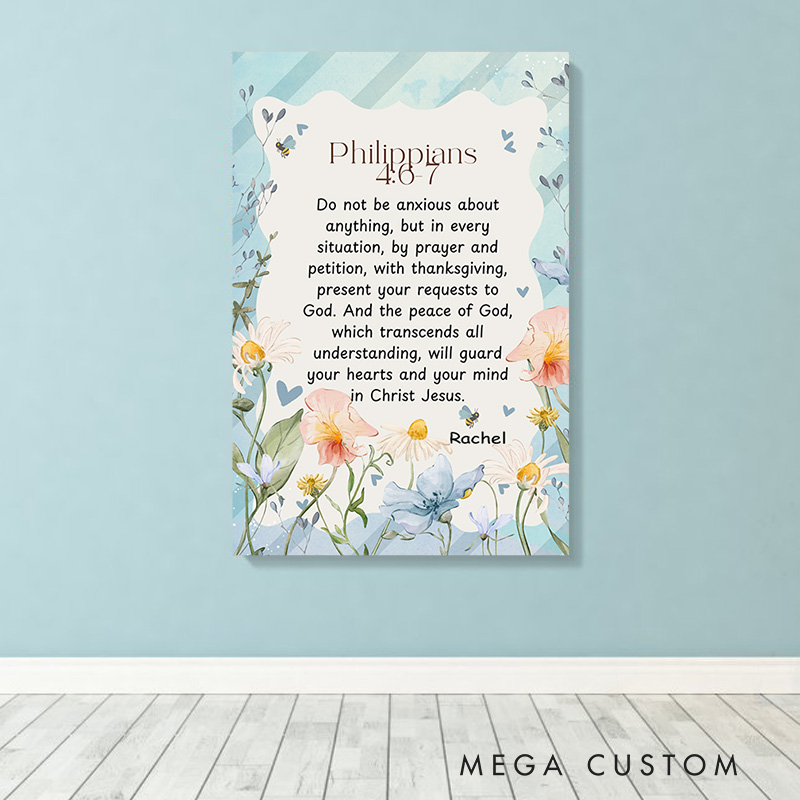 Personalized Philippians 4:6-7 Bible Verse Watercolor Frameless Canvas Painting with Name Religious Wall Art Birthday Gift for Women