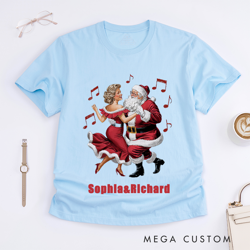 Personalized Dancing Santa Christmas T-Shirts Custom Name Retro Gift Unique Xmas Outfit for Men Women Friends Family Matching