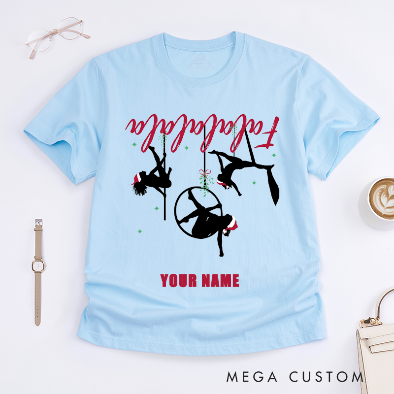 Personalized Pole Dance T-Shirts Gift for Dance Lovers Custom Name Santa Hat Silhouette Top for Women Unique Present