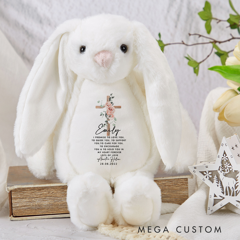 Personalized Stuffed Bunny Plush Toy with Name and Flower Cross Birthday Baptism Gift Christmas and First Communion Gift for Kids