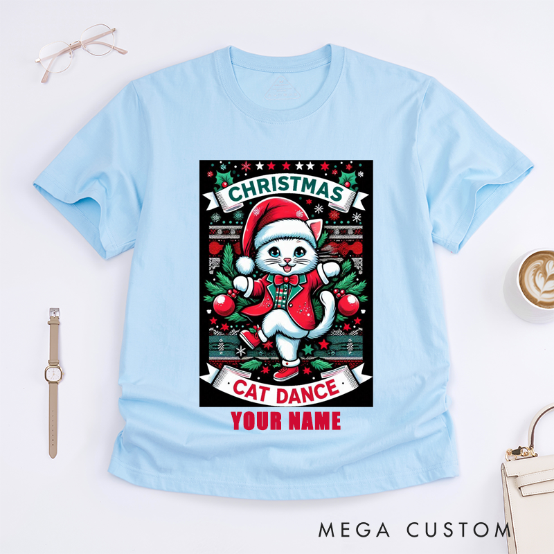 Personalized Christmas Cat T-Shirts Custom Name Cute Dancing Kitty Gift for Women Unique Dance Shirt for Family Matching Outfits