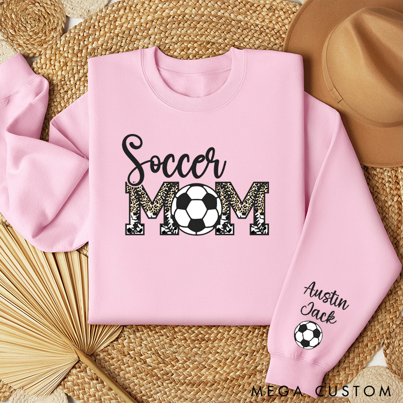 Personalized Soccer Mom Sweatshirt with Custom Names, Soccer Ball Detail, and Stylish Leopard Print Design