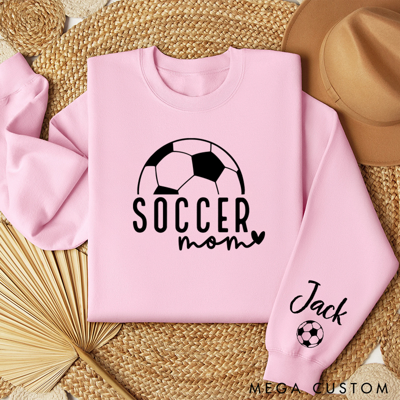 Personalized Pink Soccer Mom Sweatshirt with Custom Name and Heart Graphic Design
