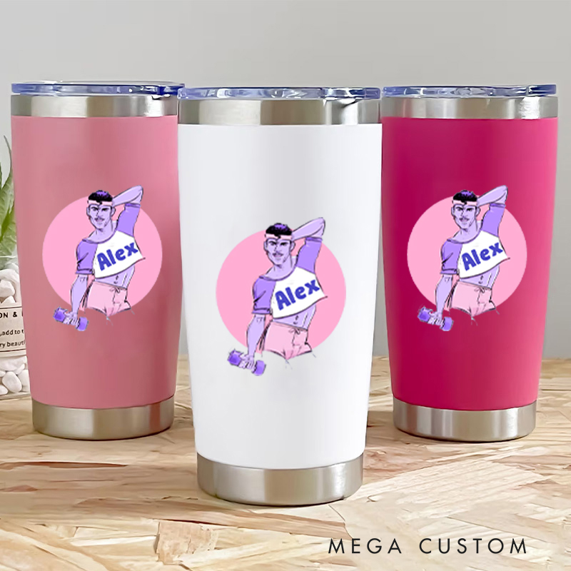 Personalized Fitness Tumbler Coffee Stainless Steel Tumbler with Playful Cartoon Fitness Character Design for Fitness Enthusiasts Bodybuilders and Gym Lovers