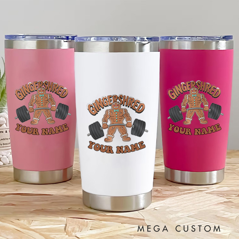 Personalized Fitness Tumbler Coffee Stainless Steel Tumbler with Gingerbread Man Lifting Dumbbells for Fitness Enthusiasts Bodybuilders and Gym Lovers