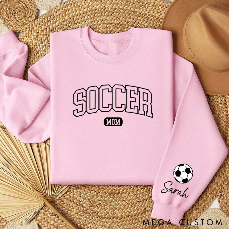 Personalized Pink Soccer Mom Sweatshirt with Custom Name and Soccer Ball Design