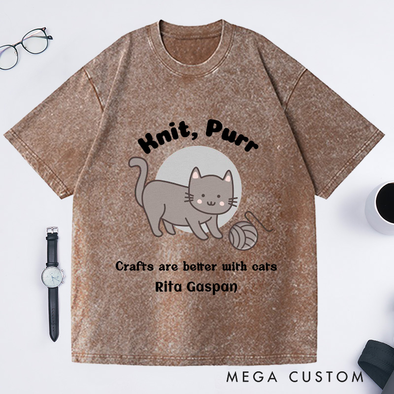 Personalized Funny Knitter Cat Washed T-Shirts Knitting T-Shirt Knitter T Shirt Knit Happens Crafts Kitty Lover Gift