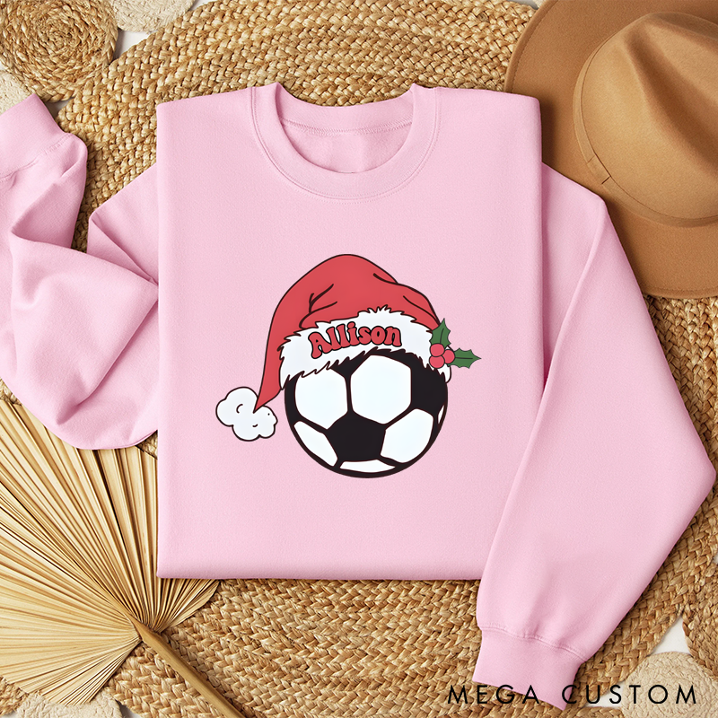 Personalized Christmas Soccer Sweatshirt with Custom Name and Festive Santa Hat Design