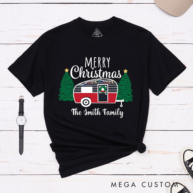 Personalized Cozy Camper Christmas T-Shirt Merry Christmas Shirt Christmas Gift for Hiking Outdoors Lover